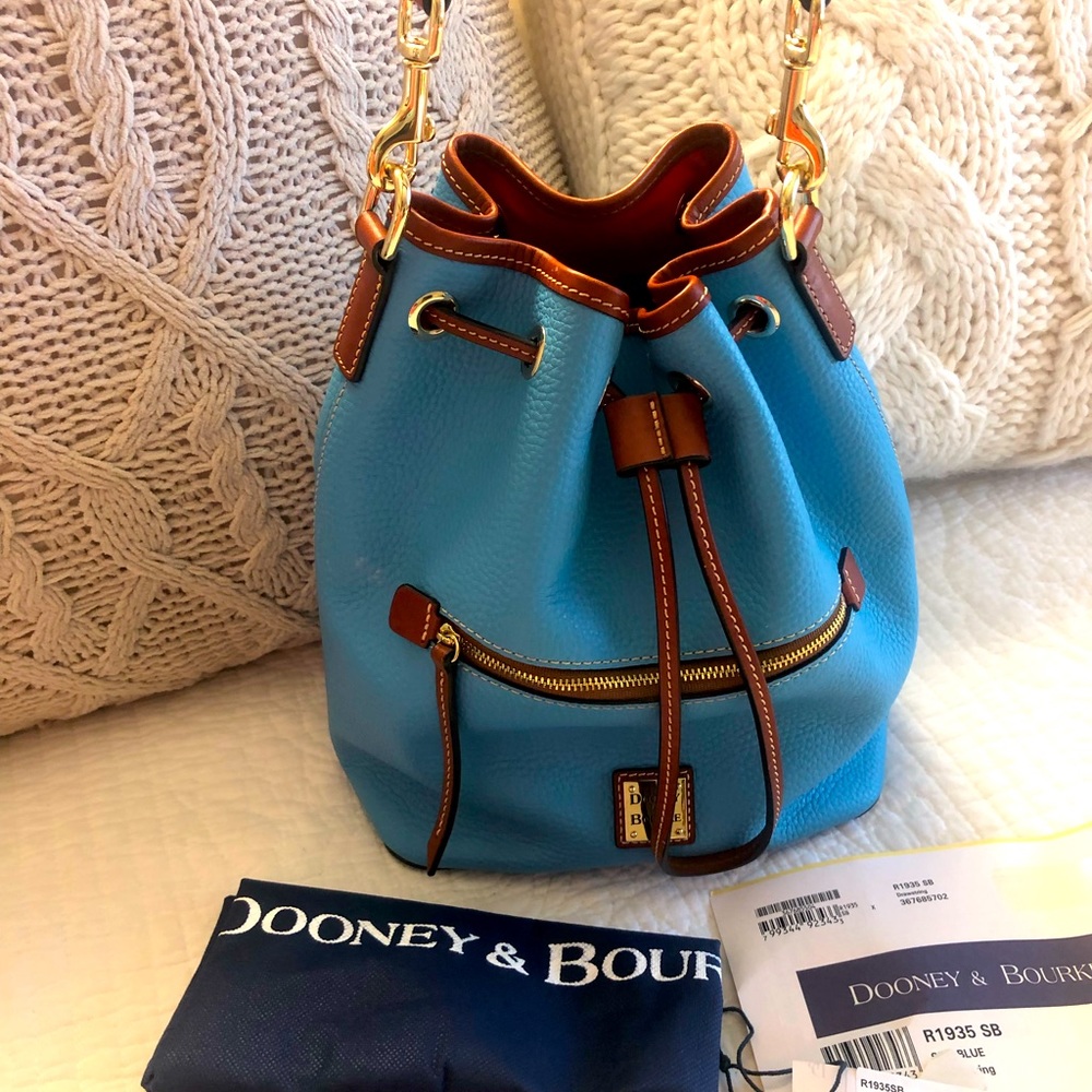 Sky blue drawstring Dooney & Bourke leather bag retail $298
